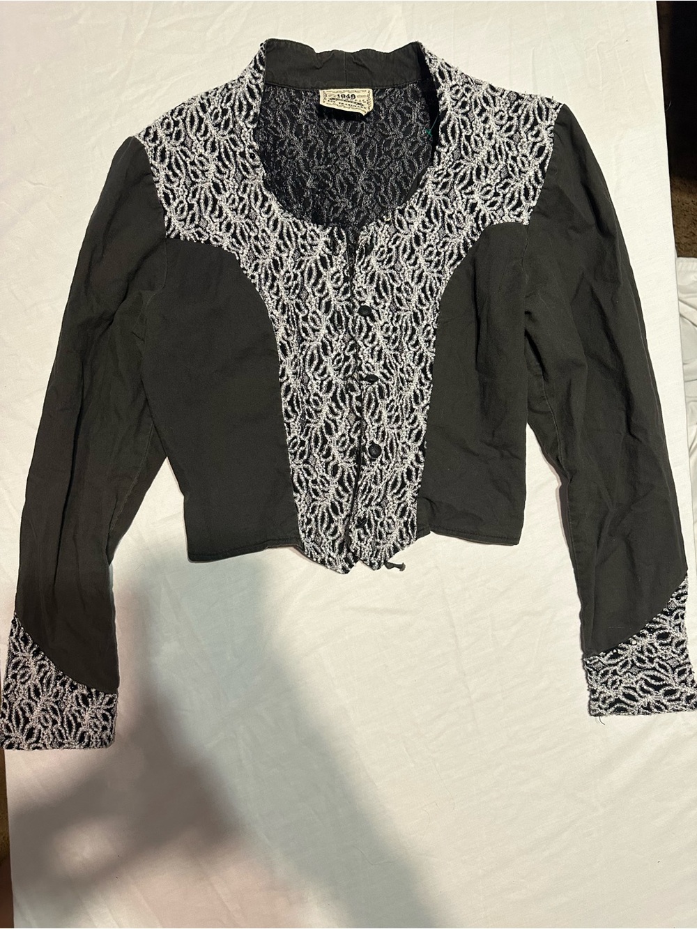 Vintage-Inspired Black Utility Jacket with White Lace Trim